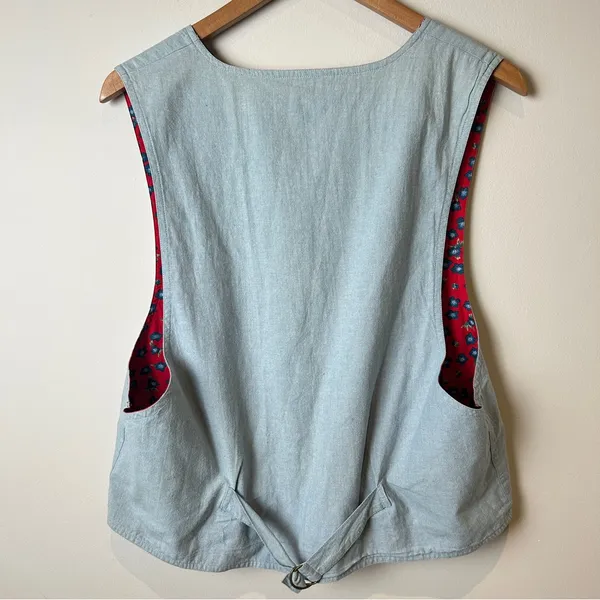Vintage 90’s Reversible Red Floral / Chambray Patterned Vest - Image 5