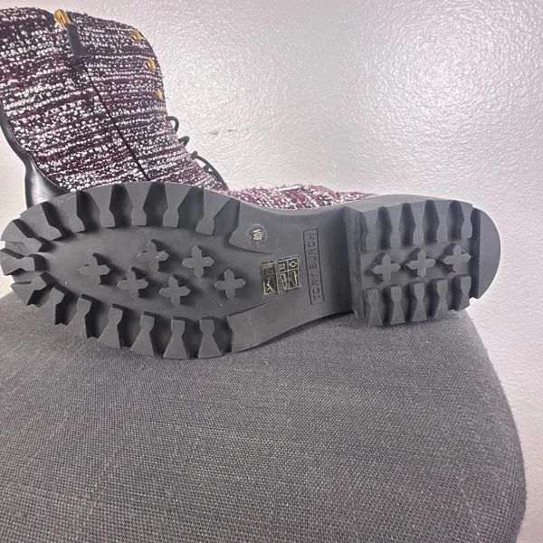 Tory Burch Miller Tweed Combat‎ Boots Purple White Leather Lug Sole 8M - Image 4