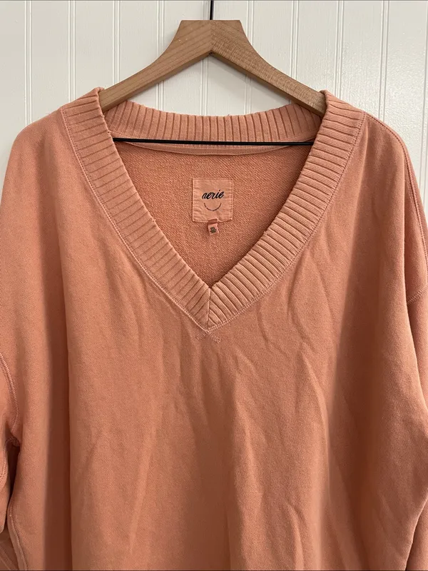 AERIE Relaxed Boyfriend Distressed V-Neck Sweatshirt Burnt Coral Size S - Image 4