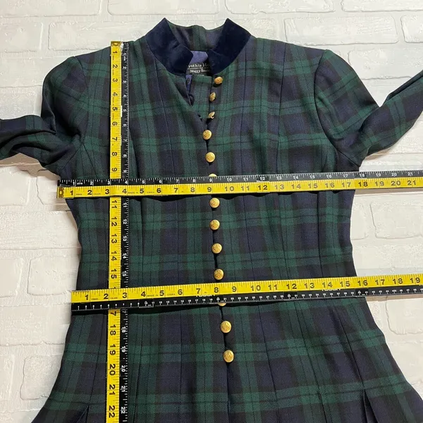 Vintage Tartan‎ Plaid Maxi Dress Womens 4 Green Navy Pleated A-Line Gold Buttons - Image 2