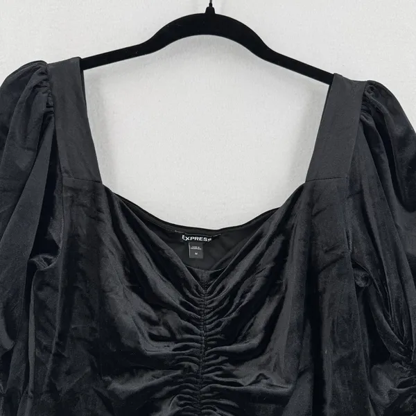 Express Black Velvet Ruched Puff Sleeve Top M NWT Square Neck Romantic Festival - Image 3