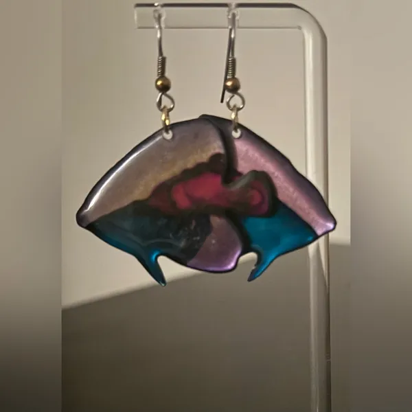 Vintage Nautical Iridescent Tropical Fish Dangle Earrings | Abstract Art Jewelry - Image 2