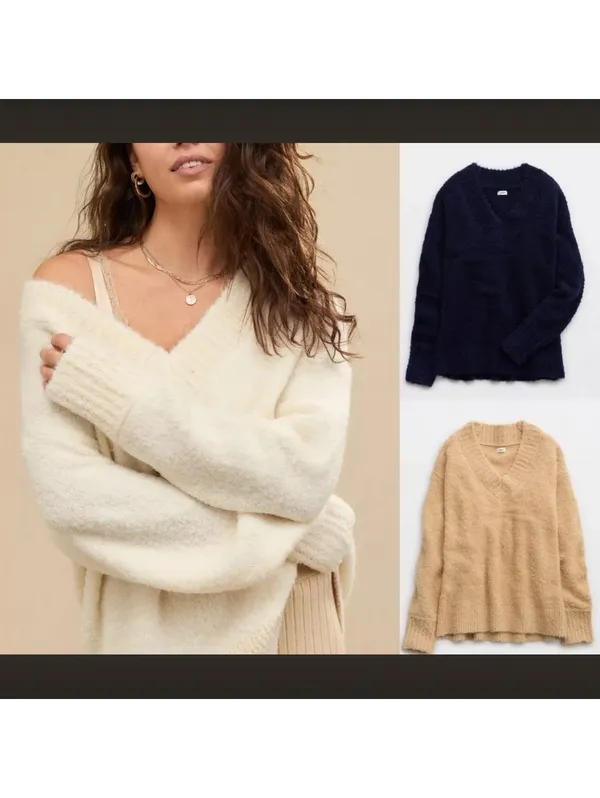 Aerie Teddy V-Neck Bouclé Sweater – Size Large – Cozy Texture & Relaxed Fit - Image 2