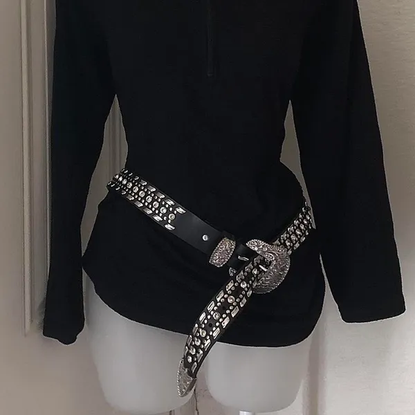 Nocona 2000s Grunge Black Silver Genuine Leather Chunky Festival Indie Hippie Rhinestone Studded Belt Large Buckle Size XL - Image 2