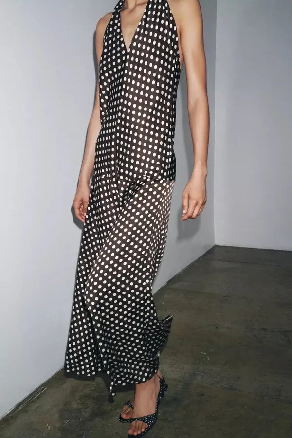 Zara Elegant Brown and White Polka Dot Halter maxi flowy Dress - Image 16