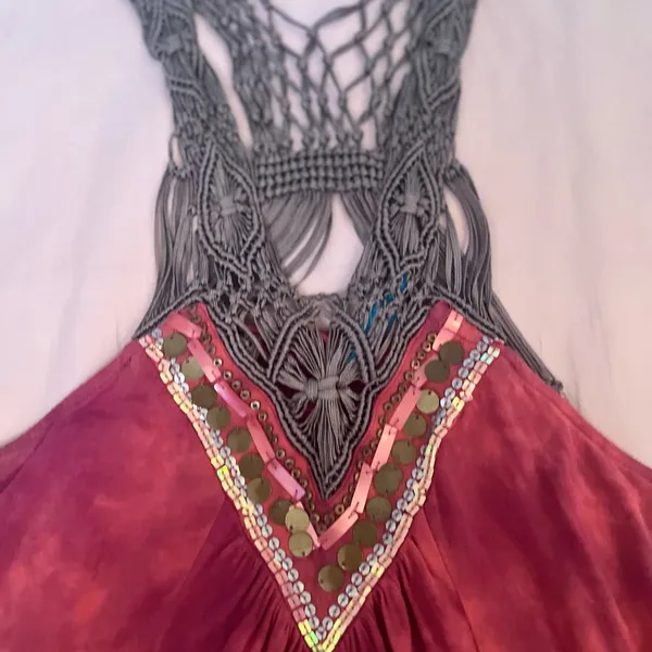 Free People Red and Brown Boho Crochet Detail Top - Image 3