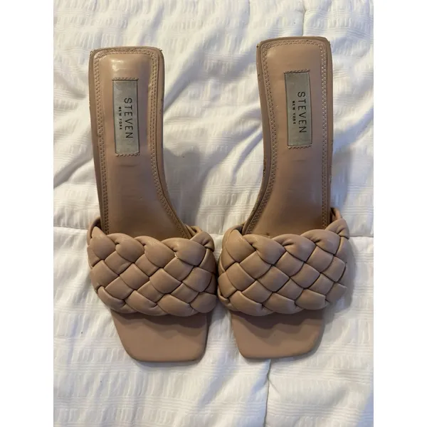 Steven New York Beige Braided Kitten Heel Mules Woven Strap Idra Nude Size 6.5 - Image 2