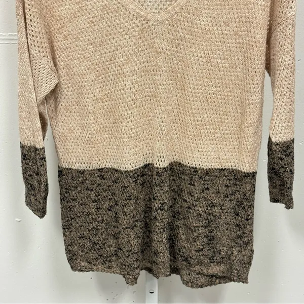 White + Warren Linen Cotton‎ Blend Colorblock Knit V-Neck Sweater Beige Small - Image 3