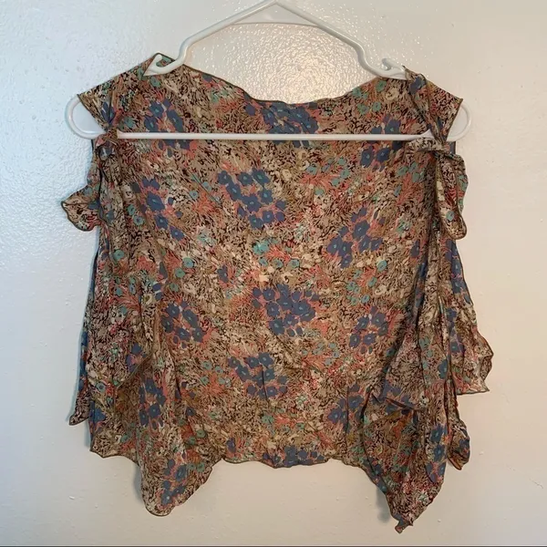 Women's Sleeveless Open Blouse Tie Strap Ruffle‎ Tan Blue Pink Teal Floral - Image 2