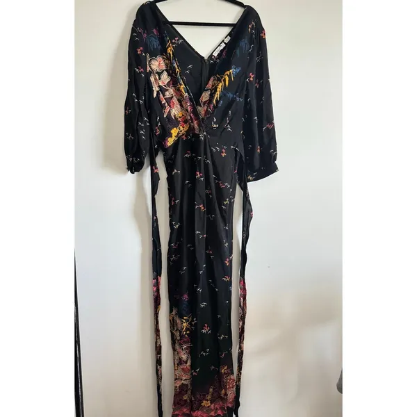Anthropologie Feather Bone Wide Leg Jumpsuit Black Floral Boho V-Neck Size‎ 14 - Image 3