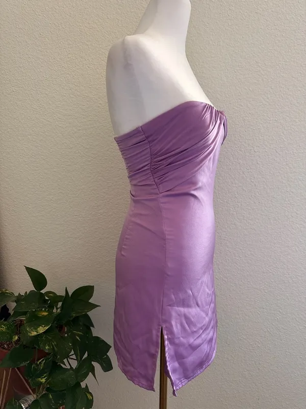 PRINCESS POLLY Trena satin bandeau ruched bust detail mini dress in lilac Sz. 0 - Image 7