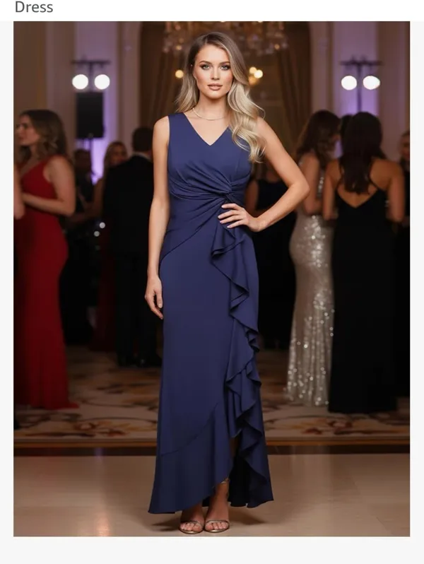 Elegant Navy Blue Ruffle V-Neck Evening Dress Twist Knot Ruffled Hem Maxi Dress - Image 3