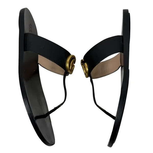 Gucci Black Leather Thong Sandal Gold Double G Logo Size 37 - Image 10