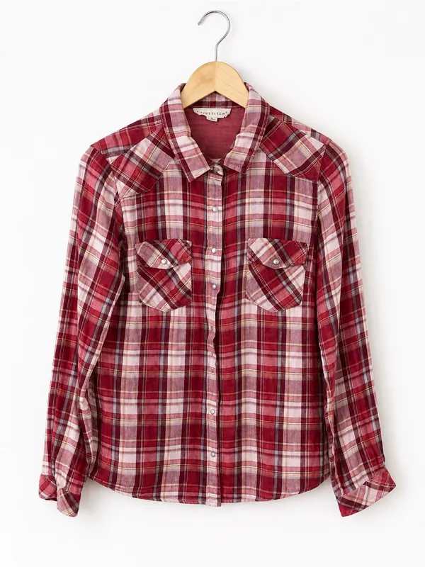 Love Stitch Play The Field Burgundy Plaid Button UP Shirt Size M - Image 6