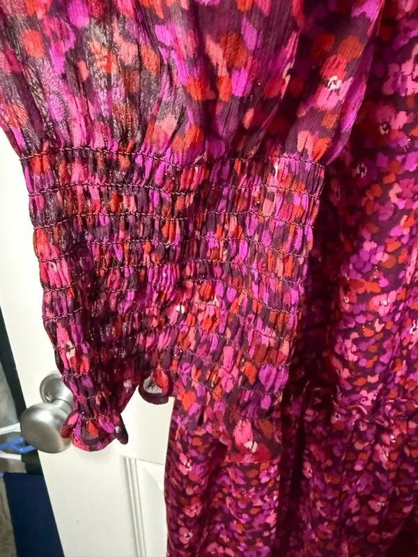 London Times Magenta & Burgundy Floral Ruffle Dress - Image 3