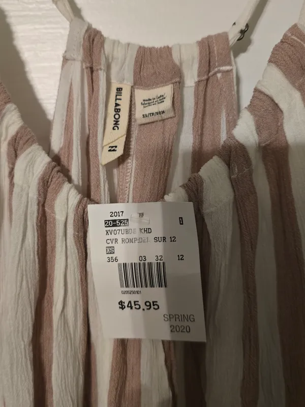 Billabong Taupe and White Striped Spaghetti Romper XS - Image 3