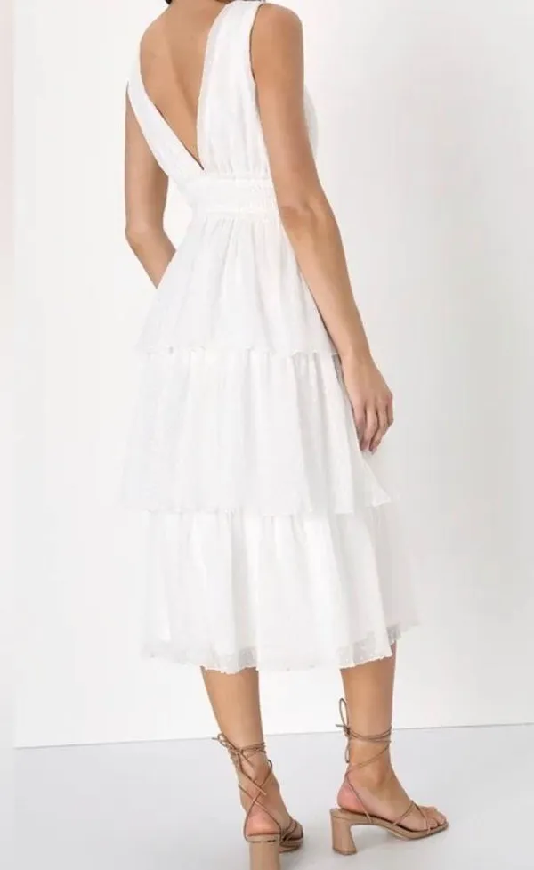 Lulus dreamy mood white Swiss dot tiered midi dress. Polyester. Size Small. - Image 3