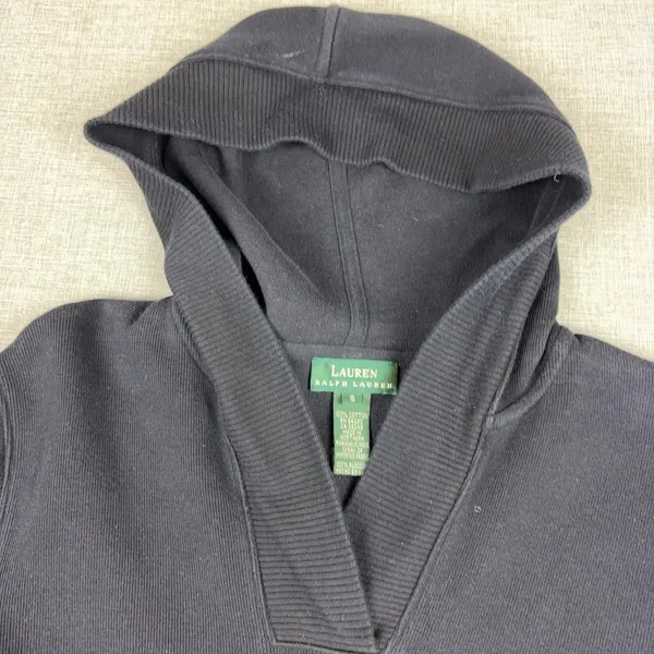 Lauren Ralph Lauren Sweater Womens S Black Cotton Hooded V Neck Side Zip Knit - Image 2