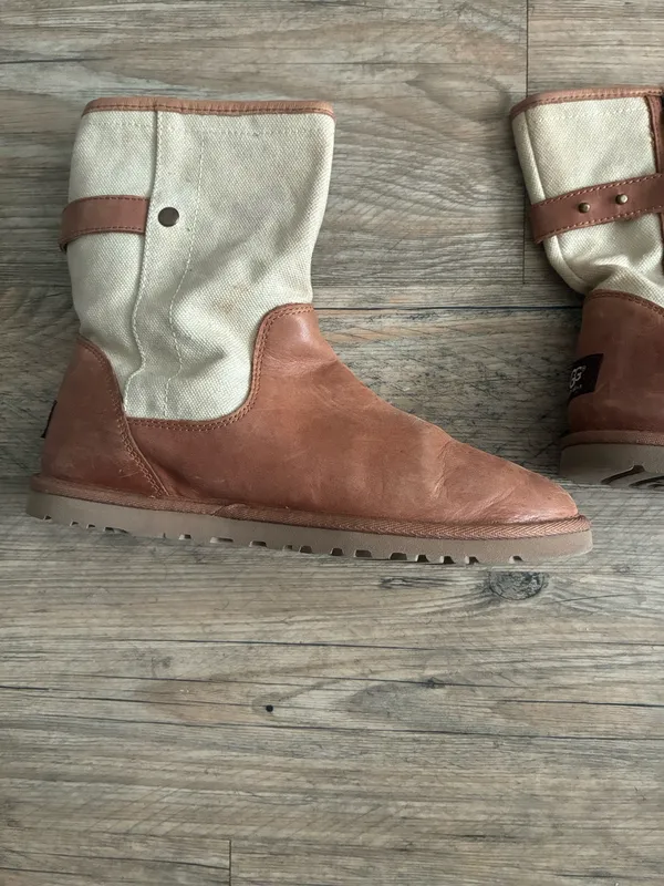 UGG Brown Leather and Cream Canvas Women's Ankle Boots - Image 5