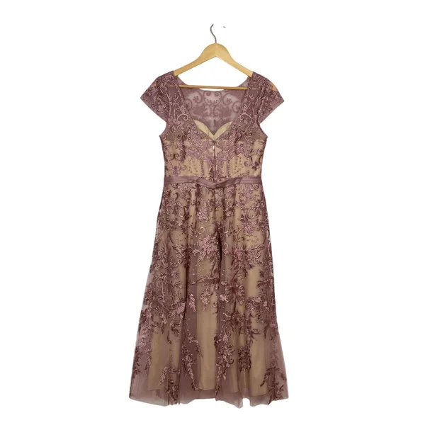 Azazie Sanna Midi Tulle A-Line Dress‎ Size 6 Dusty Rose Champagne Floral Lace - Image 2