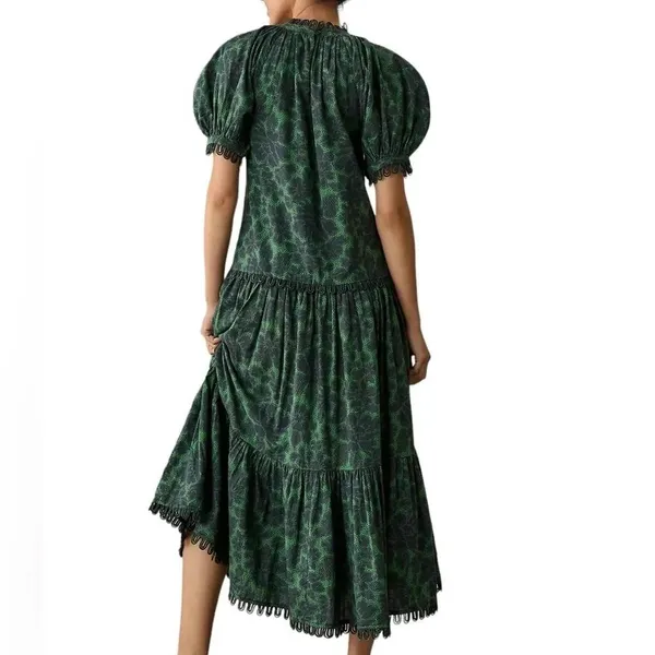 RHODE Aderyn Cotton Linen Tiered Maxi Dress Emerald Savoy Lace Green Black Large - Image 2