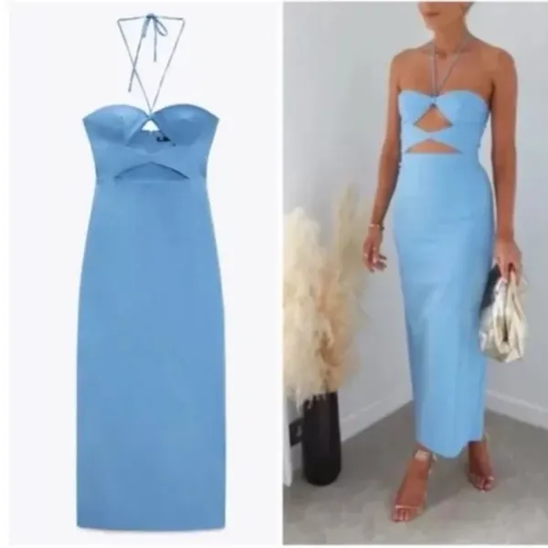 Zara Blogger Favorite Blue Cut-out Halter Top Bodycon Midi Dress Sz L - Image 7