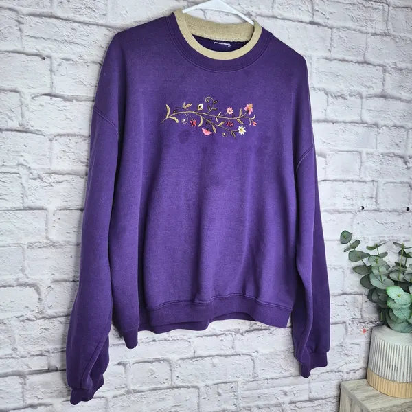 Vtg 90s Grandmacore Purple Floral Embroidered Double Collar Sweatshirt pullover - Image 2
