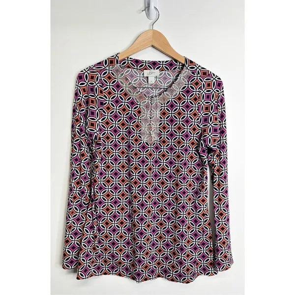 Ann Taylor Loft Beaded Geometric Print Top Purple‎ Orange Long Sleeve Blouse M - Image 3