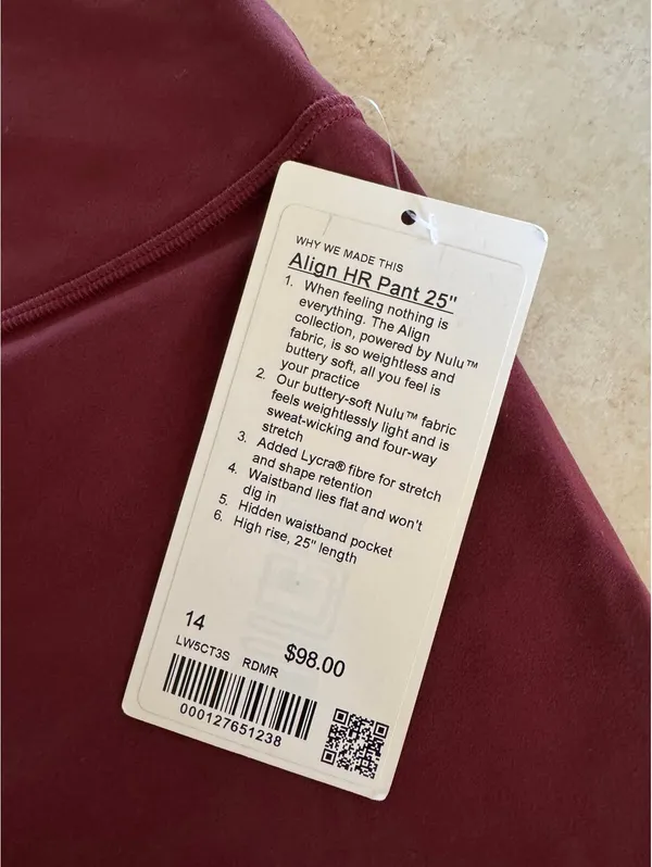 Lululemon Align High Rise 25” Red Merlot Size 14 NWT - Image 5
