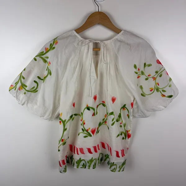 NWT Banjanan‎ Oana Puff Sleeve Top XS Watermelon Wat Artsy Silk Blend Cottage - Image 6