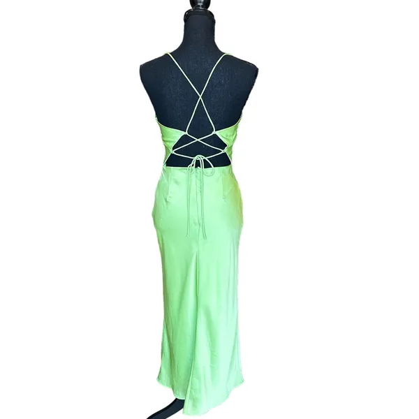 Mermaid Green Satin Midi Slip Dress Size 8 Cowl Lace Up Cocktail Bias Cut Party - Image 3