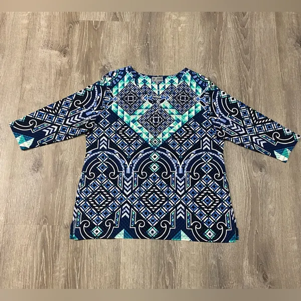 JM Collection Sequined Tribal Geo Aztec Blouse 3/4 Sleeve Embellished Top | XL - Image 2