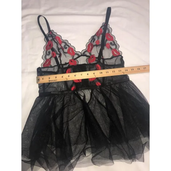 Babydoll Cami Med Black Red Embroidered Goth Fairy Slip Sexy Lips Lingerie Y2K - Image 7