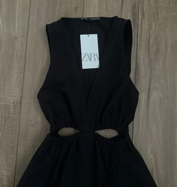 ZARA black vneck gabardine cut out midi dress - Image 2