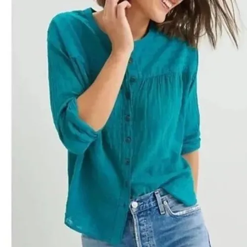 Pilcro by Anthropologie Teal Green Cotton Gauze Clip Dot Button Down Top XL - Image 2