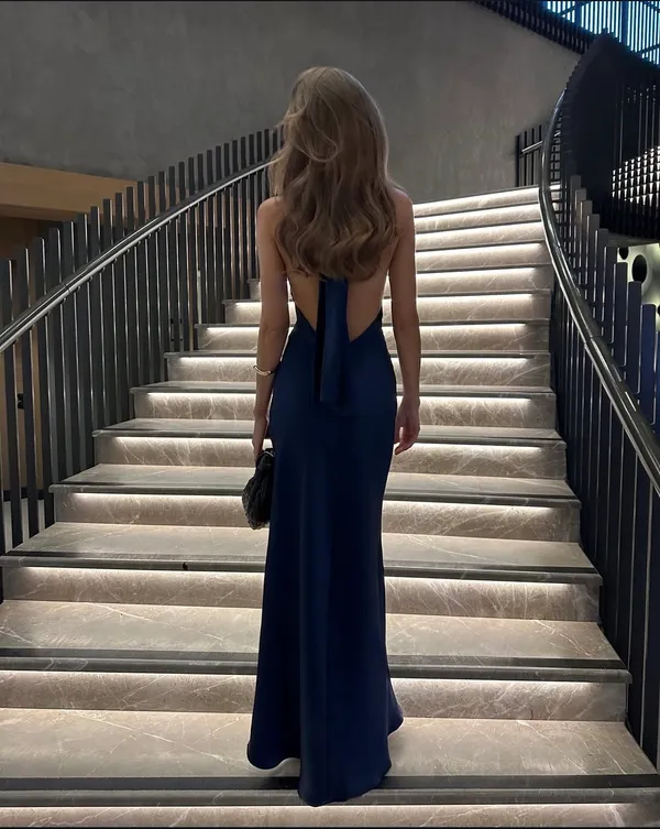 Zara maxi dress satin slip gown Elegant blue Halter formal party wedding prom - Image 7