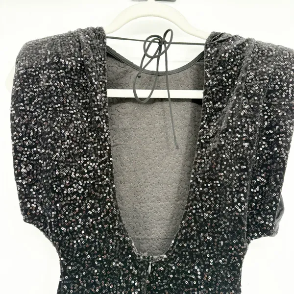 Zara Womens Black Sequin Padded Shoulder Open‎ Back Glam Cocktail Mini Dress XS - Image 8