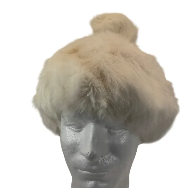 Vintage Rabbit Fur Hat Pom Beanie Cap Cream White Winter Ski Glam Y2K Luxe Fuzzy - Image 8