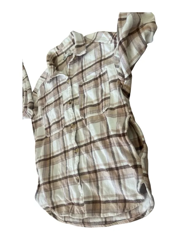 Hollister Plaid Button-Up Shirt in Cream & Brown Size S - Image 4