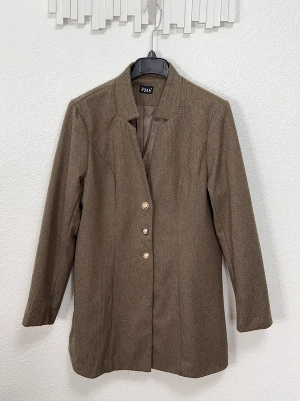 FME Brown Longline Blazer Gold Button Tailored Jacket Minimalist Quiet Luxury - Image 2