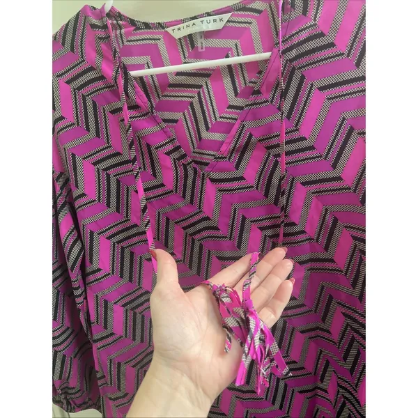 Trina Turk Dress Sz‎ 2 Women's Pink Black Silk Sheath Elegant Work Church Shirt - Image 3