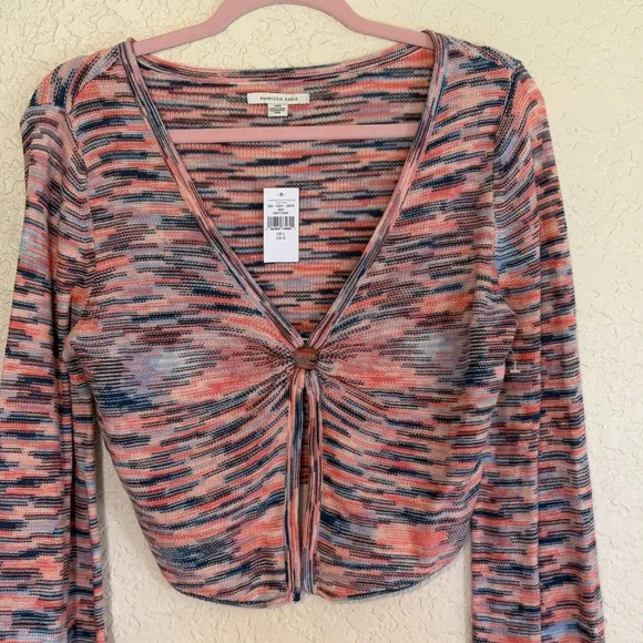American Eagle‎ Cropped Cardigan Women L Pink Blue Space Dye V-Neck NEW - Image 4