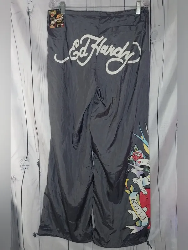 Ed Hardy Nylon Baggy Y2K Style Parachute Pants With Tattoo Graphic. NWT - Image 2
