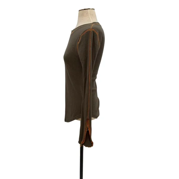 Free People Waffle‎ Knit Thermal Top Olive Green Zip Cuff Long Sleeve Womens M - Image 8