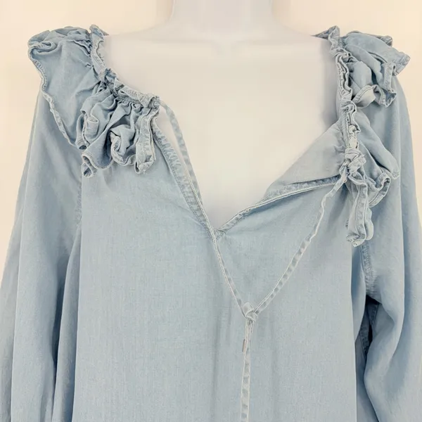 Lauren Ralph Lauren Chambray Womens Top Sz M Ruffle Peasant Boho Coastal Cottage - Image 8