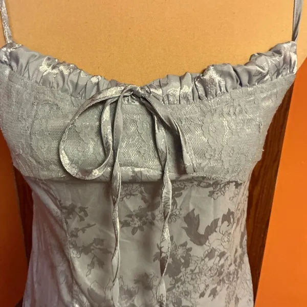 Cider Silver Satin Floral Mini Dress Lace Trim Slip Dress Spaghetti Strap - Image 3