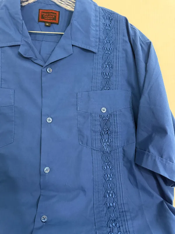 Maximos Yucatan Mexico Men’s Blue Embroidered Cuban Shirt - Image 2