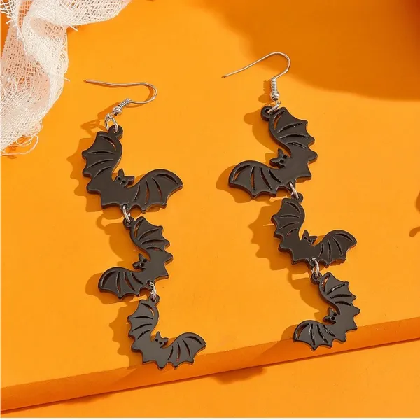 Cute‎ 3 Black Bat Design Long Dangle Earrings Cute Party Style Acrylic Halloween - Image 11