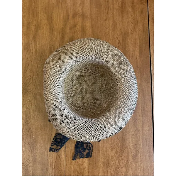 Vintage Straw Sun Hat With Black Lace Ribbon Cottagecore Wide Brim Hat - Image 5