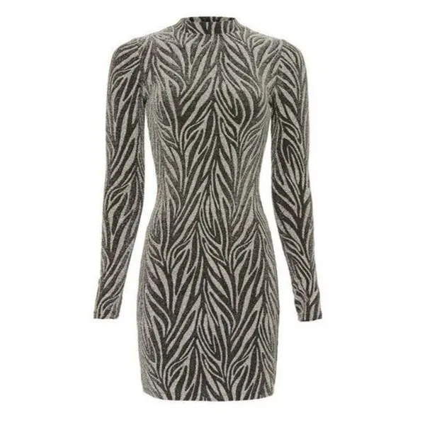RTR sz 8 all saints Amaya silver black zebra print dress metallic fitted bodycon - Image 4